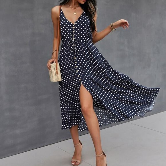 Button down Drawstring Waist Polka Dot Cami Dress - Picture 5 of 6